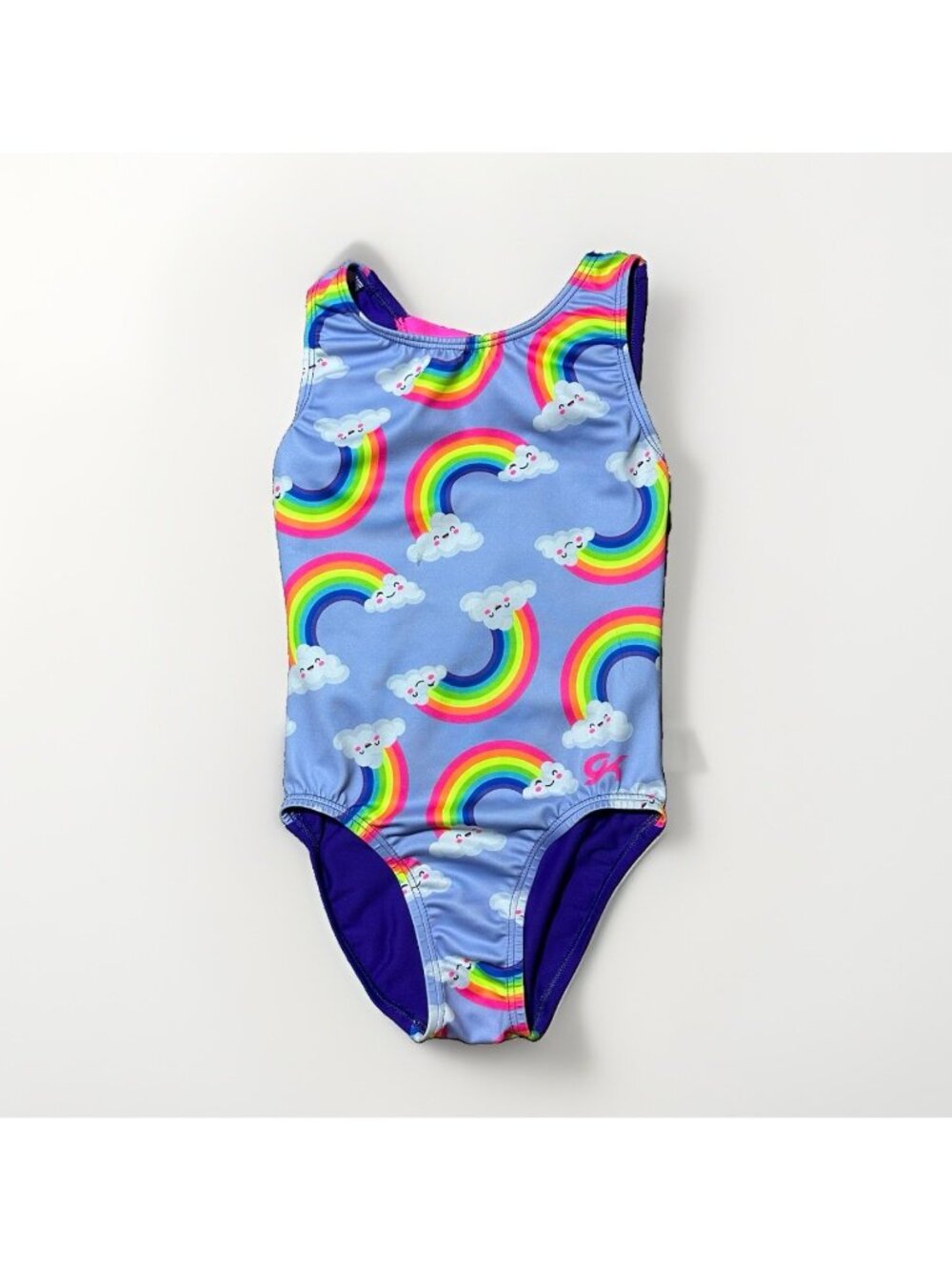 GK Elite Leotard Child Medium Gymnastics Purple With Rainbows Clouds *Light Mark